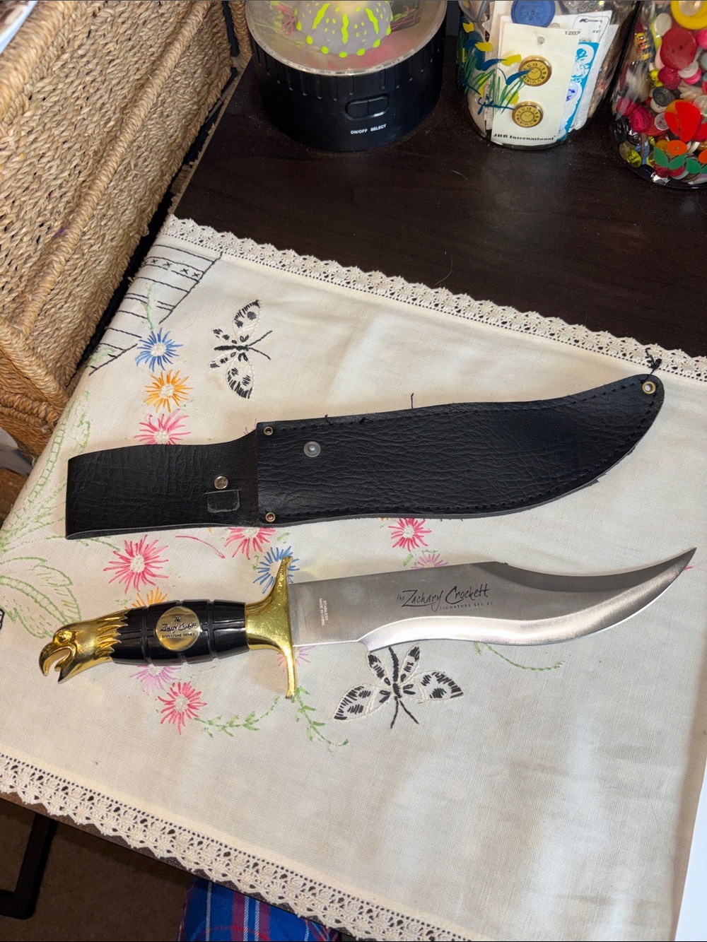 Zachary Crockett Signature Series Bowie Knife paired with a textured black leath